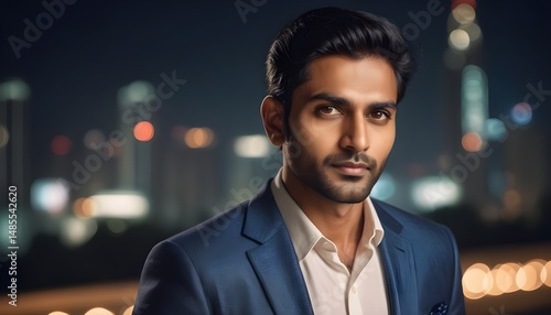 Confident Indian Businessman in Luxury Setting at Night – Stylish Male Investor in Elegant Suit with City Lights Background – AI Generated Portrait