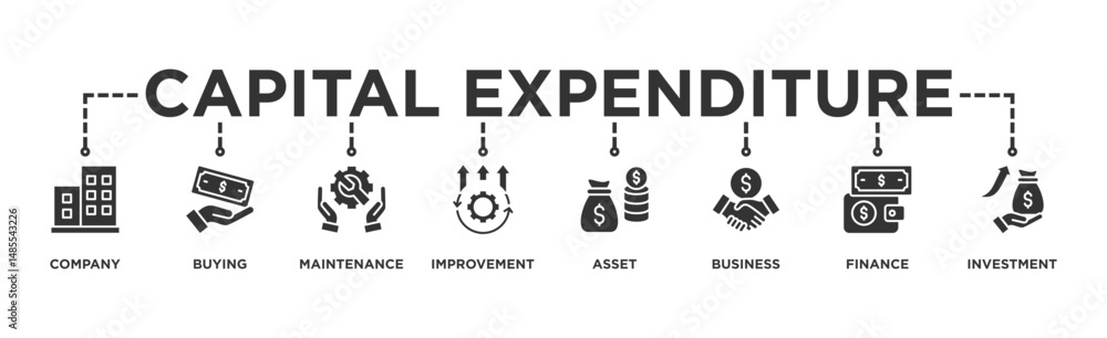 Fototapeta premium Capital expenditure banner web icon illustration concept with icon of company, buying, maintenance, improvement, asset, business, finance, investment