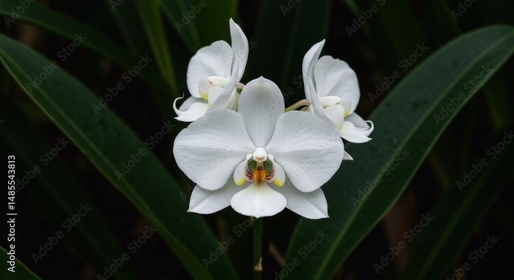Fototapeta premium Closeup of White Orchid Against Dark Green Leaves