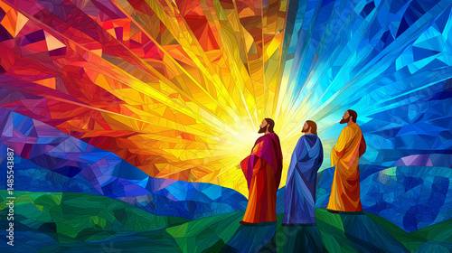 Illustrate the Transfiguration of Jesus on the mountain with Moses and Elijah in stained glass