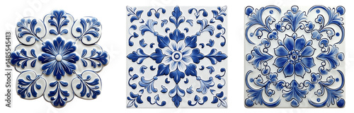 Decorative Blue Floral Tiles Collection with Transparent Background