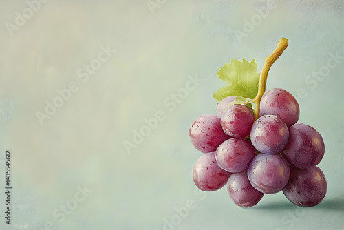 Close up of a bunch of purple grapes on a light teal background.
