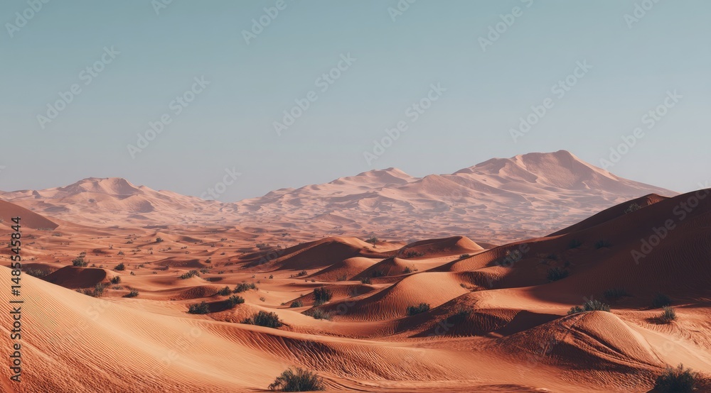 Naklejka premium Vast desert landscape with dunes and mountains (1)