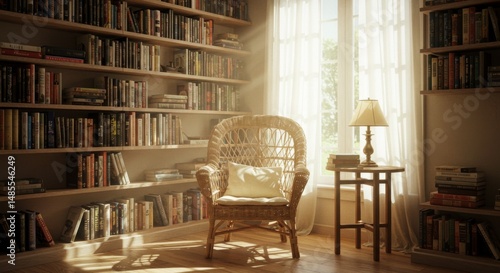 Wallpaper Mural Sunlit Library Room with Wicker Chair and Bookshelves Torontodigital.ca