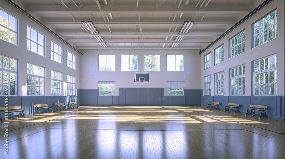 Fototapeta premium Empty school gym, sunlight, windows, hardwood floor, use for sports background, interior design