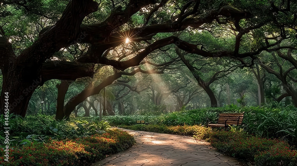 Obraz premium Serene Sunrise in Rainforest with Mist and Gentle Light Through Lush Greenery