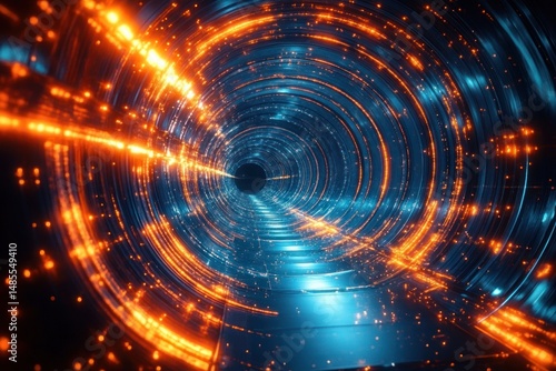Futuristic glowing tunnel with swirling blue and orange lights creating a dynamic and immersive visual effect
