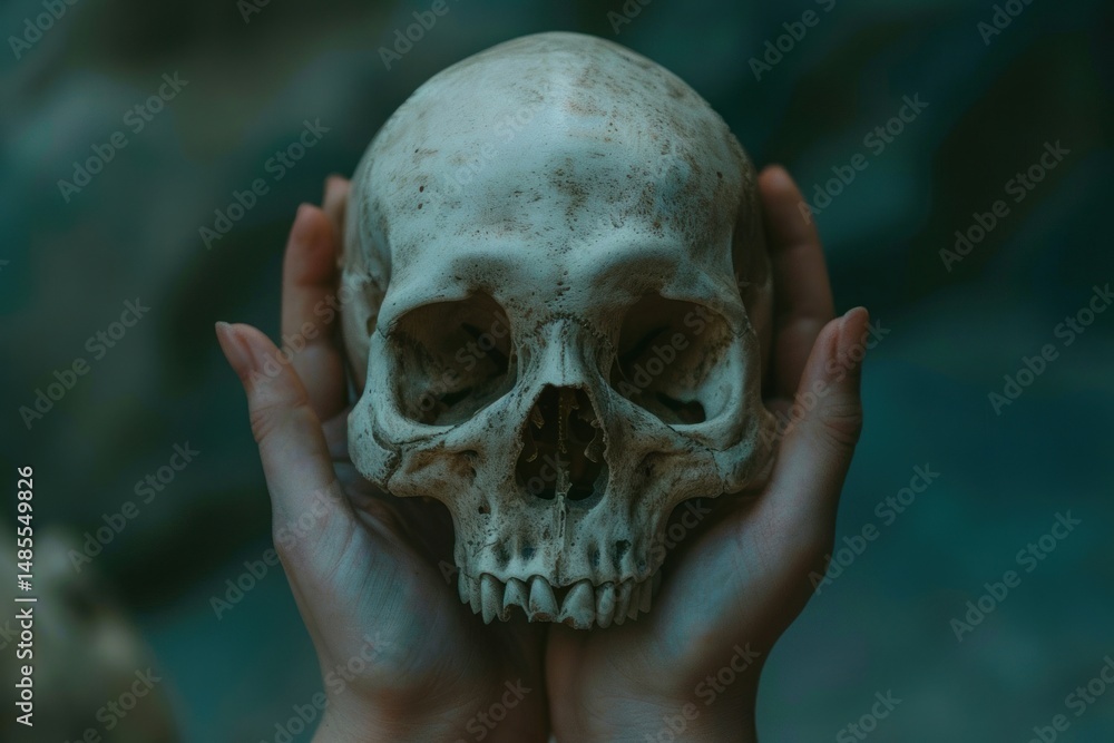 Fototapeta premium Hands holding skull anthropology headshot portrait.