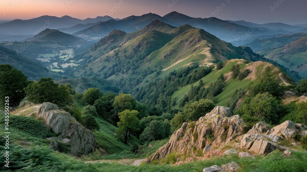 Naklejka premium Golden Hour Atmosphere Over Rugged Highlands Captivating Soft Sunlight Scene