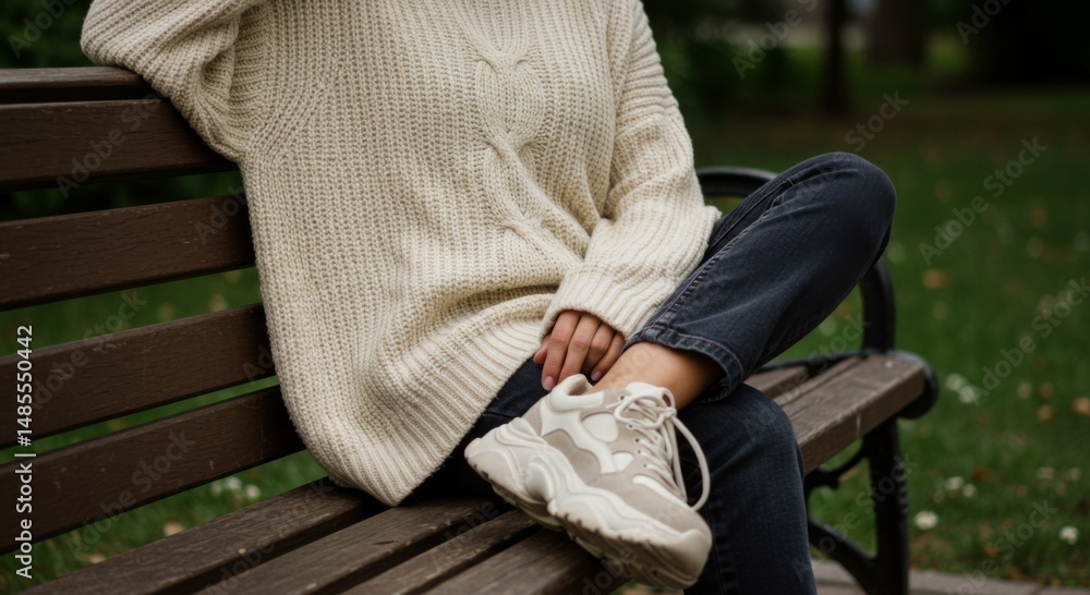 Woman in Cream Sweater and Jeans Sitting on Park Bench Woman in Cream Sweater and Jeans Sitting on Park Bench