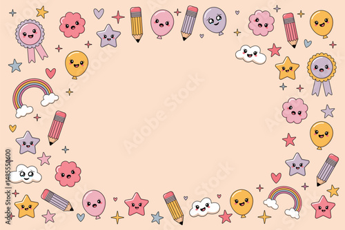 Kawaii school themed border with stars and clouds. Cute cartoon frame with pencils balloons and rainbows. Adorable kawaii background with happy doodles. Smiling stars and clouds frame for kids design