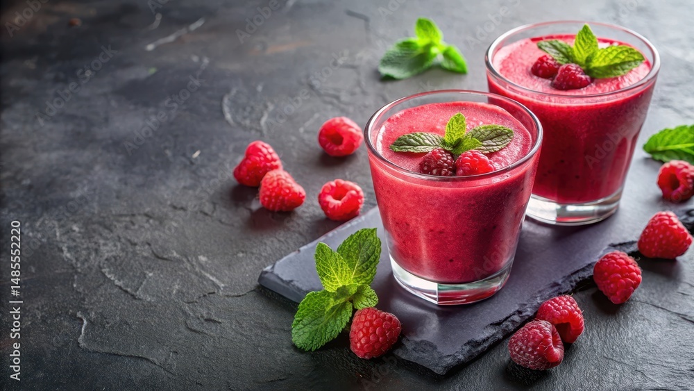 Fresh raspberry smoothies with mint garnish on dark granite surface , raspberries Fresh raspberry smoothies with mint garnish on dark granite surface , raspberries