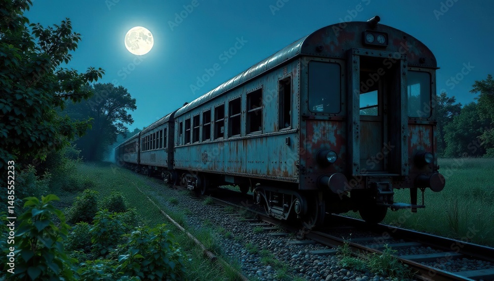 Fototapeta premium Abandoned train car, overgrown tracks, moonlight, derelict, night, silent