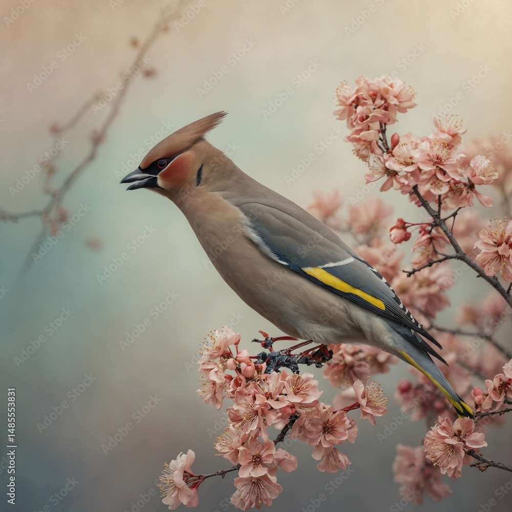 Fototapeta premium A waxwing with its soft pastel tones, on a delicate background.