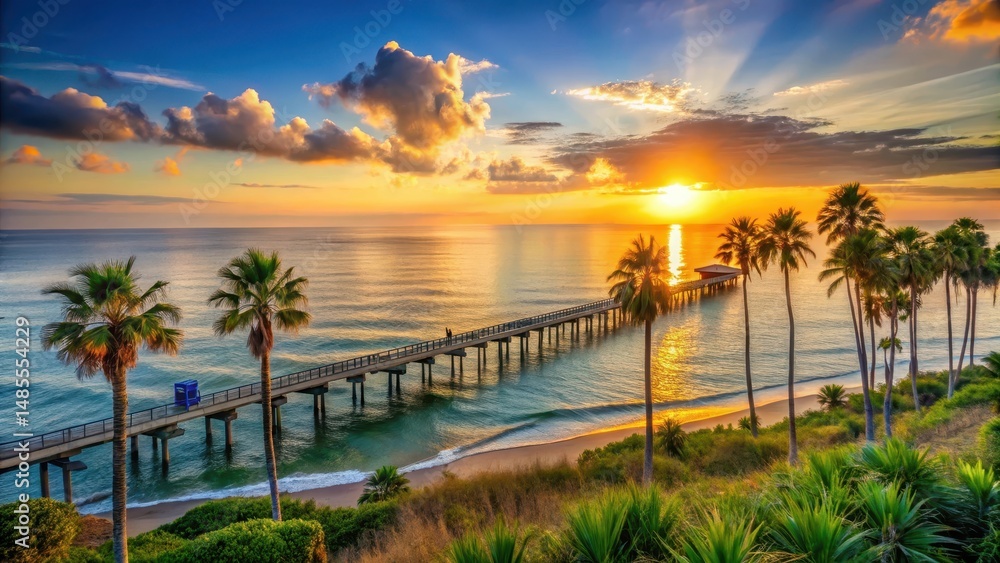 Fototapeta premium A serene dramatic sunrise over the ocean with a fishing pier stretching into the water, surrounded by tall palm trees and lush greenery, coastal scenery, ocean view