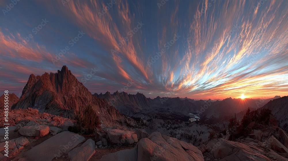 Naklejka premium Dreamy Sunset Over Remote Ridge with Streaked Clouds and Peaceful Landscape View
