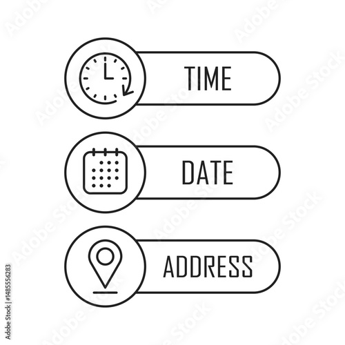 Date, time, location icon in flat style. Event message vector illustration on isolated background. Information sign business concept.