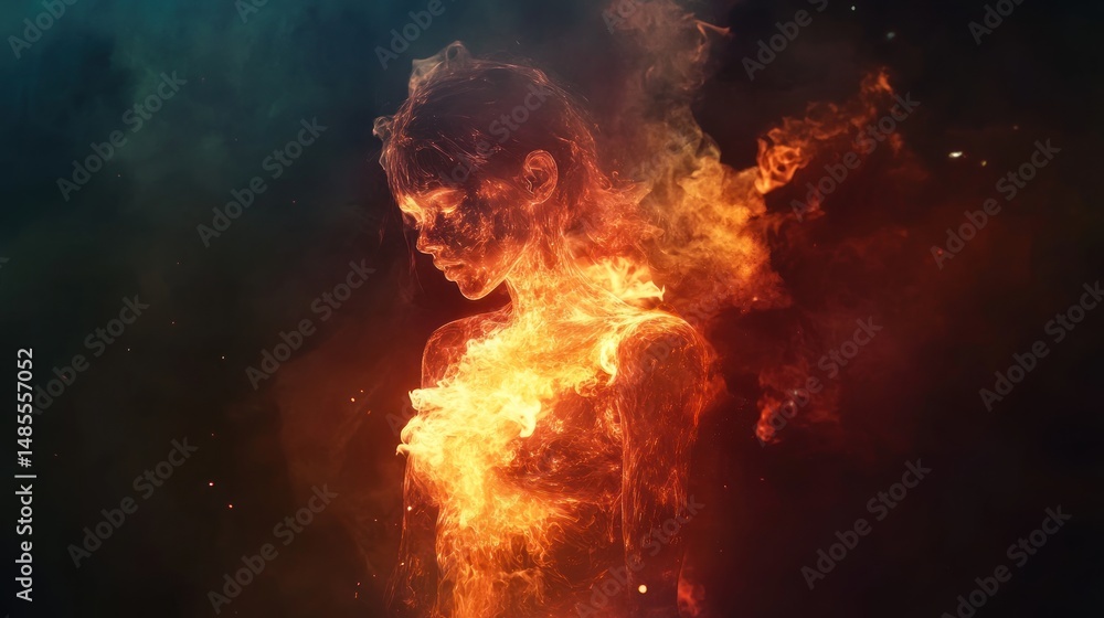 Ethereal woman engulfed in flames, a representation of inner strength Ethereal woman engulfed in flames, a representation of inner strength