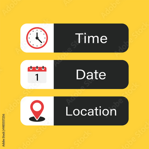 Date, time, location icon in flat style. Event message vector illustration on isolated background. Information sign business concept.