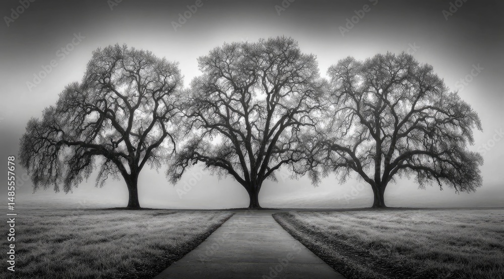 Naklejka premium Misty morning landscape with three large trees and a pathway