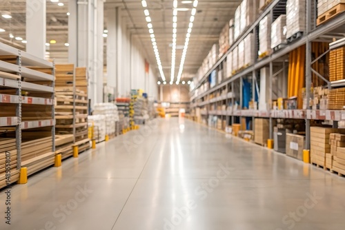 Wallpaper Mural Large home improvement store interior with blurred aisles showcasing stocked building materials and insulation for construction projects Torontodigital.ca