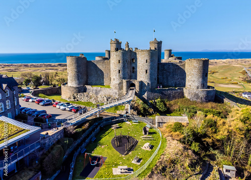 An aerial view towards Harlech castle and surrounding grounds, Harlech, Wales in springtime