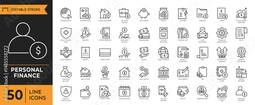 Personal Finance line icon set. Containing Finance, economy, money, income, Saving, investing, money management, and more. Linear icon collection. Editable stroke, Vector illustration