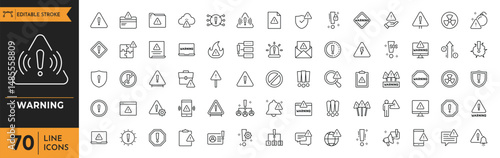 Warning line icon set. Contains icons related to Alert, caution, danger, error, and more. Linear icon collection. Editable stroke, Vector illustration