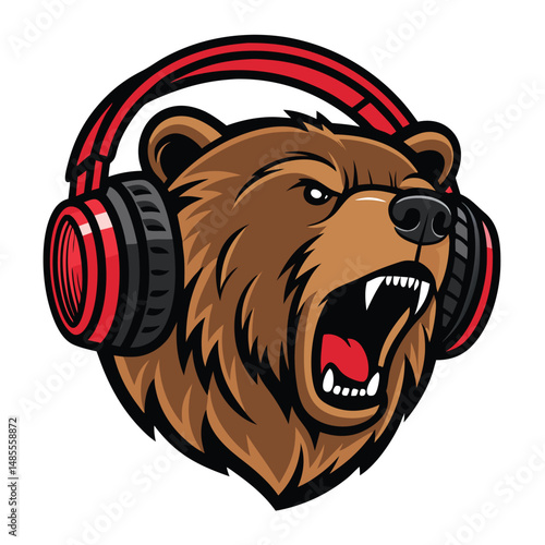 A brown bear's head, roaring fiercely, wearing large black headphones.  Stylized, expressive digital art.