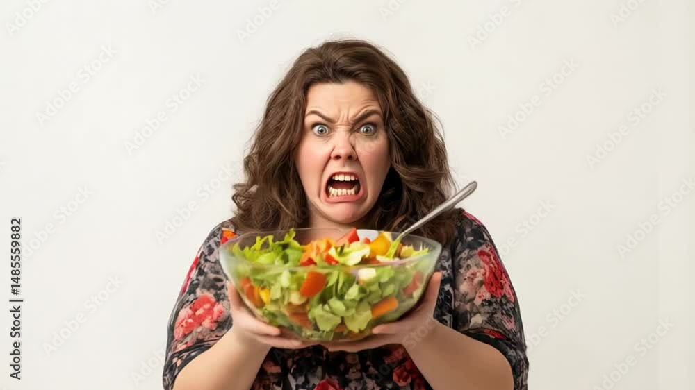 A woman displays frustration while holding a big bowl of salad in her kitchen. She shows her dissatisfaction with the healthy meal choice, humorously exaggerating her reaction A woman displays frustration while holding a big bowl of salad in her kitchen. She shows her dissatisfaction with the healthy meal choice, humorously exaggerating her reaction