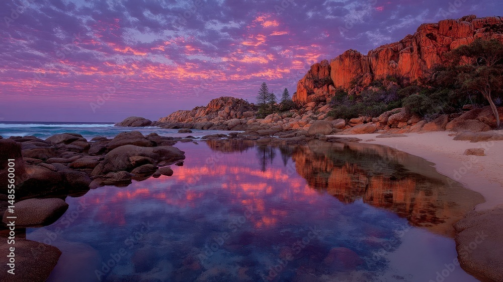 Fototapeta premium Warm Glow of Sunset Reflecting on Ocean Rocks with Vibrant Colors and Tranquil Nature Scene