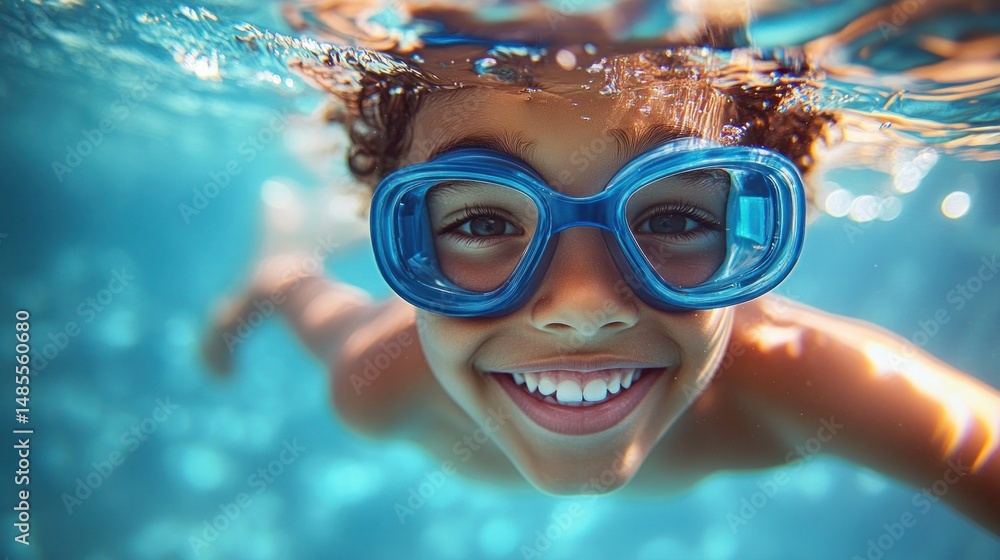 Naklejka premium Smiling child wearing blue swimming goggles underwater in a clear pool with bright and joyful expression