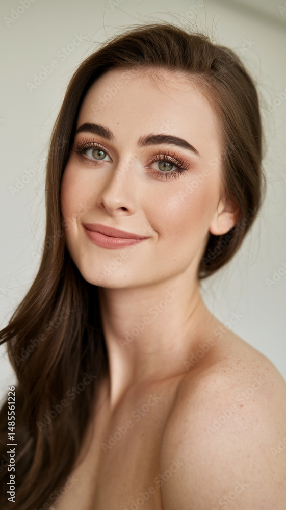 Elegant woman with long brown hair smiling and posing indoors with natural light Elegant woman with long brown hair smiling and posing indoors with natural light