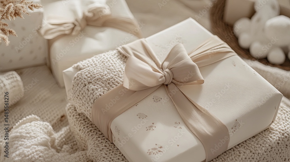 Wrapped baby gift with neutral tones and ribbon. Wrapped baby gift with neutral tones and ribbon.