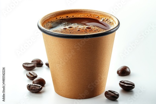 Coffee Cup with Coffee Beans on White Background, Close Up