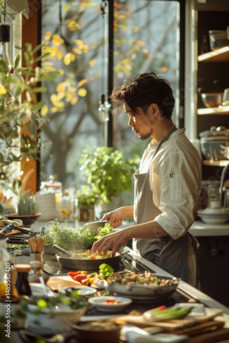 Male food blogger of Asian descent cooking gourmet meal in sunlit kitchen