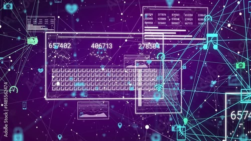 Central digital interface panel moving against purple gradient backdrop, showing neon network lines