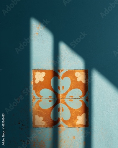 Orange & Blue Tile in Teal Wall. Sunlit Mediterranean Detail