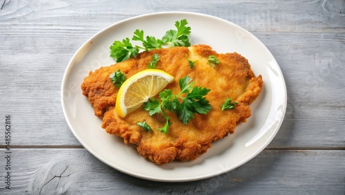 Wiener Schnitzel on Plate with Parsley and Lemon Slice, viennese cutlet, white plate