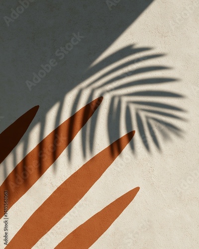 Palm Leaf Shadow on Painted Wall. Abstract Terracotta & Beige