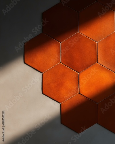 Orange Hexagonal Tiles on Wall. Abstract Sunlit Texture Detail