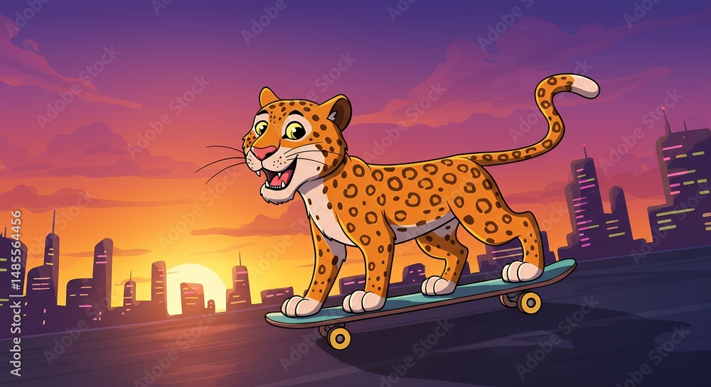 Naklejka premium Cartoon leopard skateboarding at sunset over cityscape