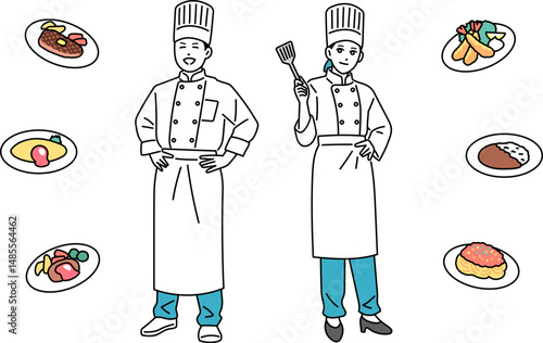 制服を着た男女の料理人の立ち姿