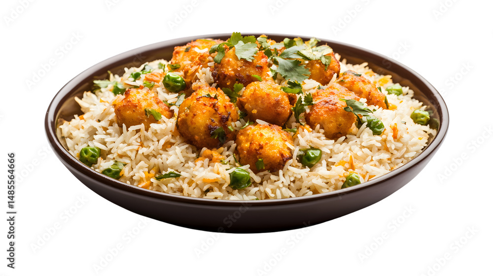 Delicious Rice with Kadhi Pakora in Plate on White Background Delicious Rice with Kadhi Pakora in Plate on White Background