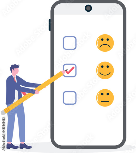 man holding pencil thinking about experience and giving rating on questionnaire with happy,

