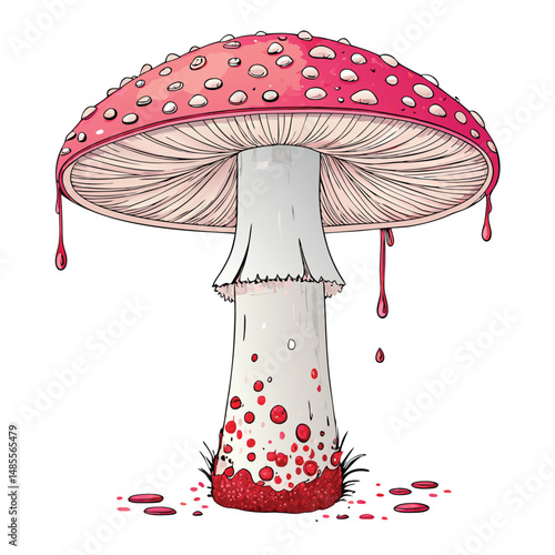 Close-up macro photograph of a Hydnellum peckii (Bleeding Tooth Fungus) showcasing vibrant red droplets contrasting sharply against its pristine white surface.