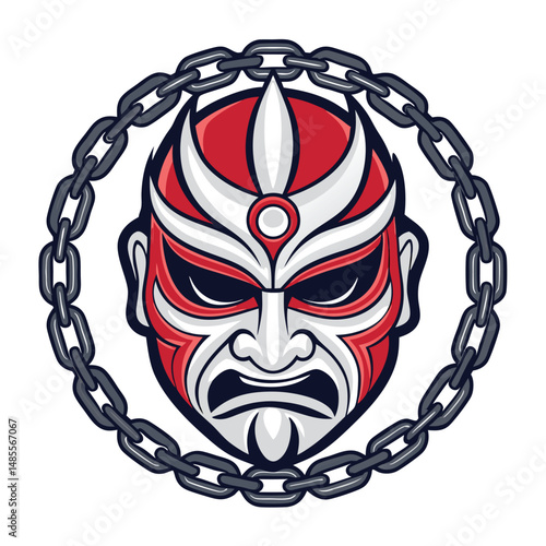 Design a bold samurai mask illustration, incorporating stylized street chain text, projecting an urban, gritty aesthetic.