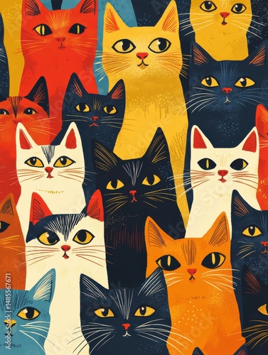 Whimsical Cat Pattern Illustration - Colorful Cat Faces in Unique Design
