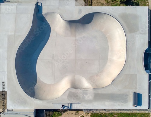Aerial view of a concrete skatepark with smooth curves and ramps. Perfect for extreme sports enthusiasts, showcasing the design and functionality of the park.
