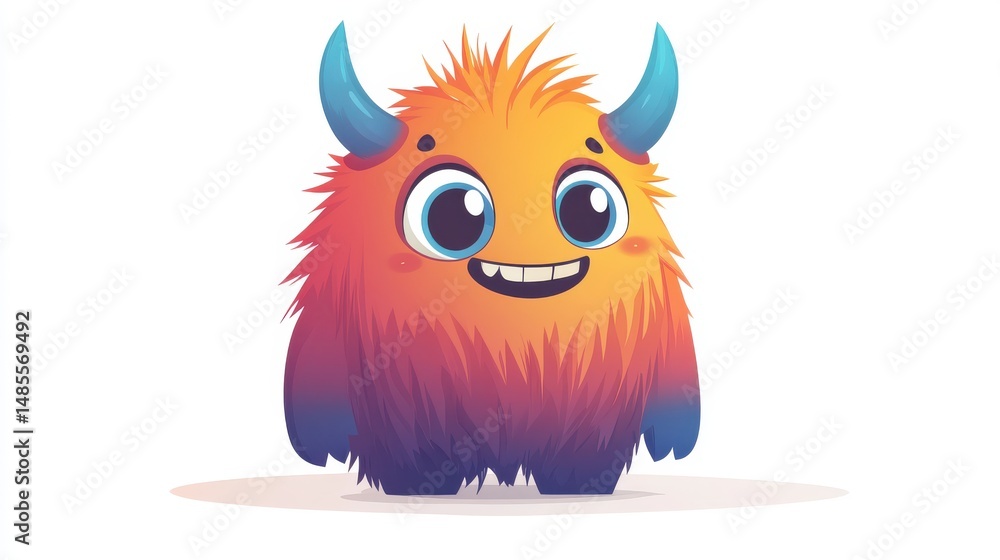 Fototapeta premium Cute Cartoon Monster with Horns, Smiling, Isolated on White